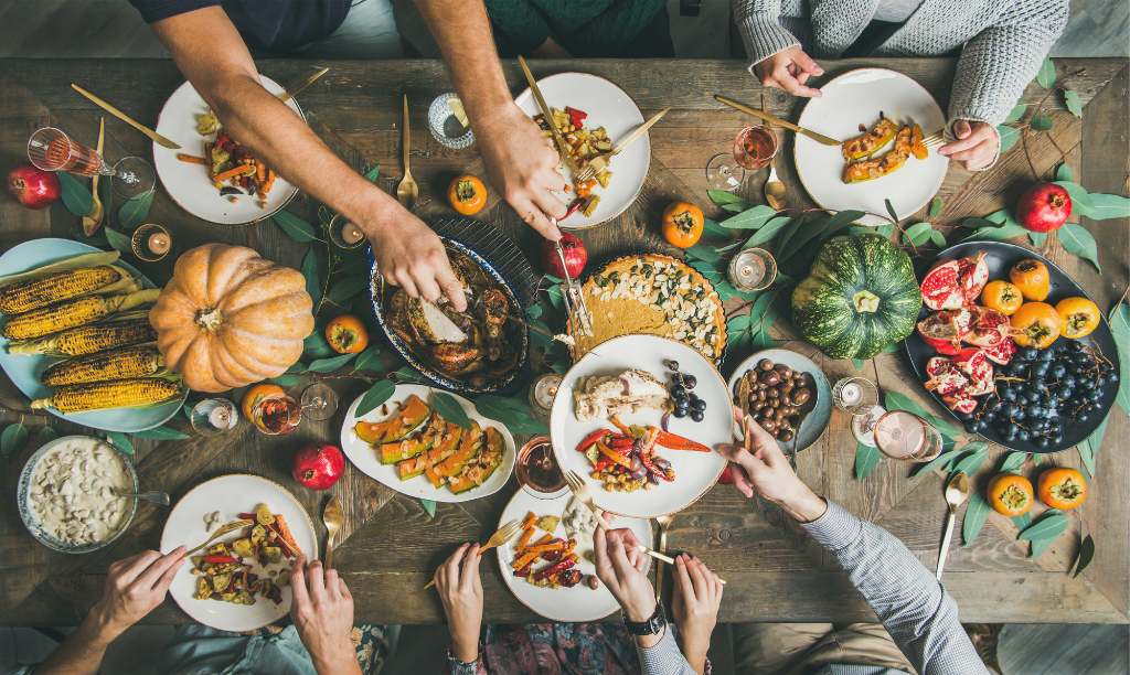 Thanksgiving Catering Spread Holiday Catered meal from steakhouse with squash and harvest foods